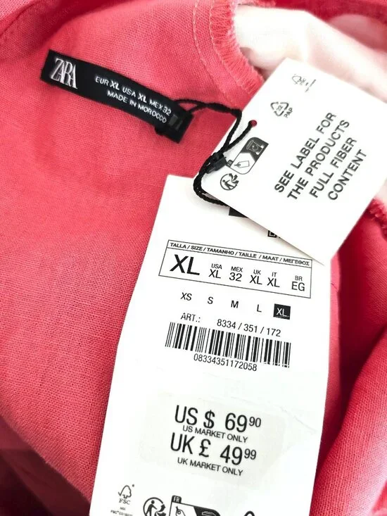 NWT ZARA Salmon Pink Square Neck Linen Puff Sleeve Bow Tie Back Mini Dress XL - Picture 10 of 11